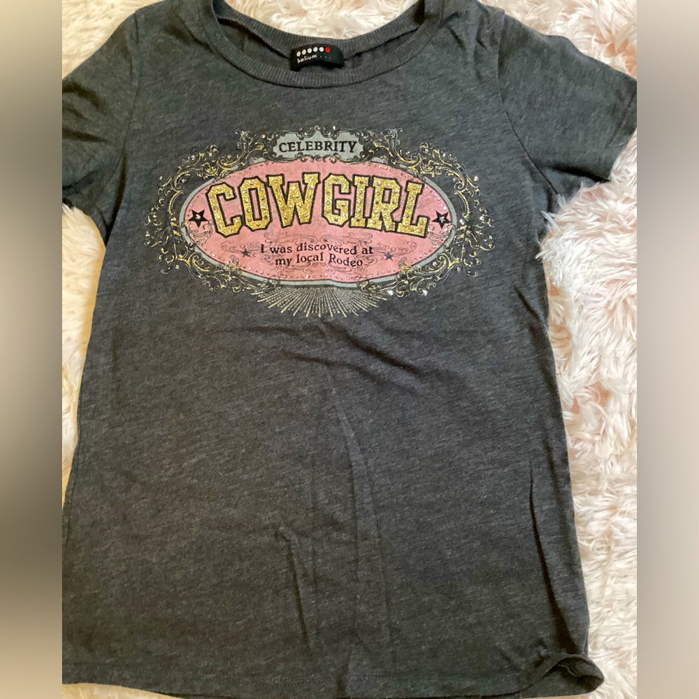 HELIUM “CELEBRITY COWGIRL”GRAY SEQUIN TEE SHIRT SZ. L